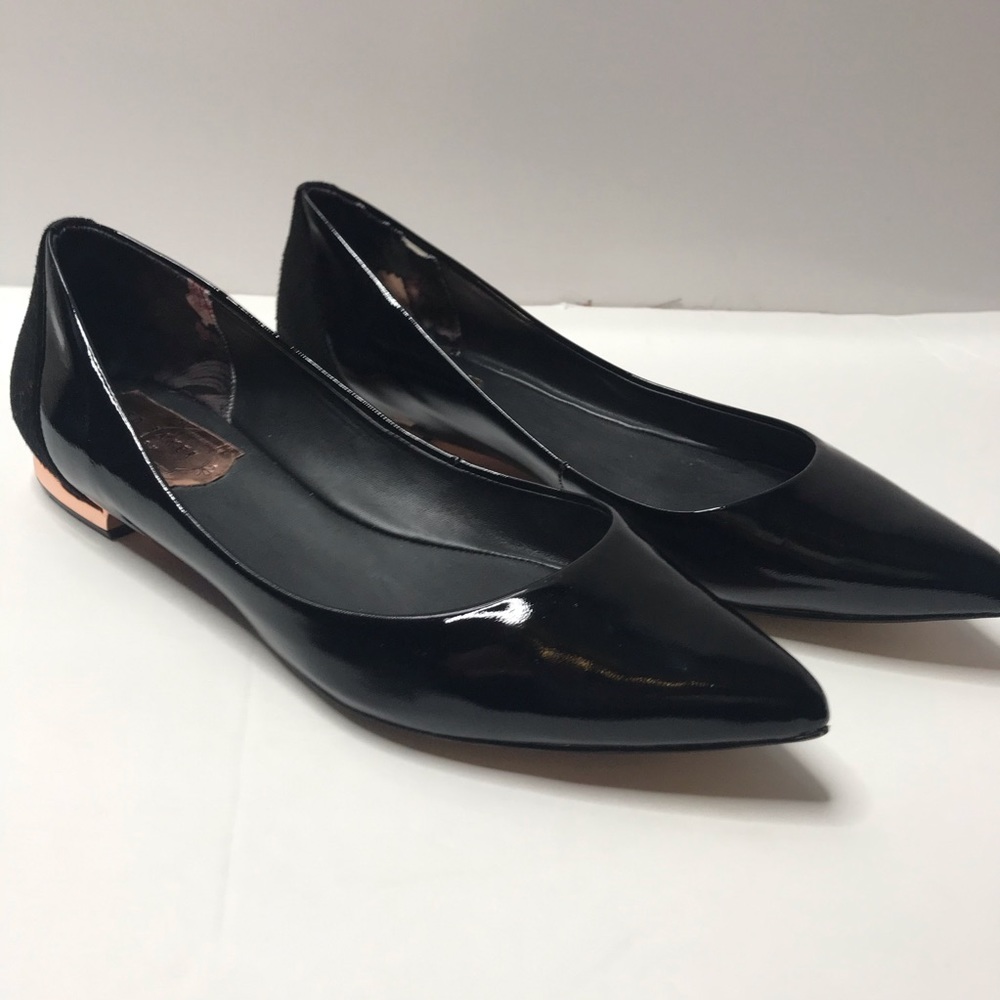 Ted Baker black patent leather flats rose gold bow